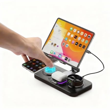 45W 6 in 1 Foldable Wireless Charging Station with Clock & Light,for Iphone, Ipad ,iWatch/Airpod or tablet