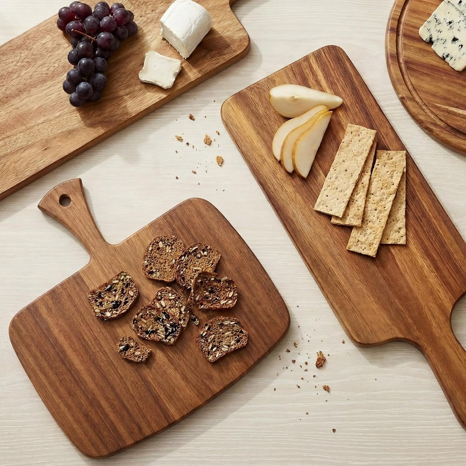 RGHJAR-Wood Cutting Board with Handle 12x11x0.47 Inch Acacia Bamboo Wooden Serving Kitchen Chopping Boards for Pizza, Bread, Cheese, Charcuterie, Fruit, Vegetables(1 Pcs, Acacia)