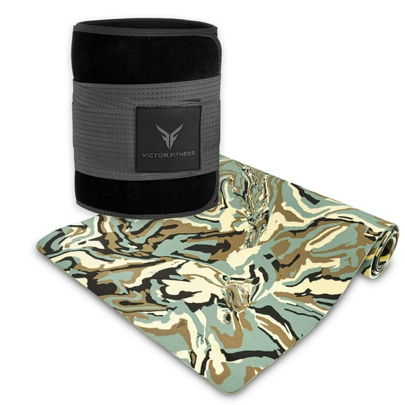Victor Fitness |Green-Brown Camouflage Yoga Mat   Gray and Black Waist Trimmer