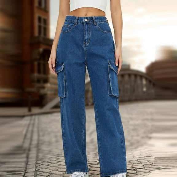 Women's Wide Leg Cargo Jeans Straight Stretchy Baggy Jeans Casual Loose Denim Cargo Pants Trousers with Pockets