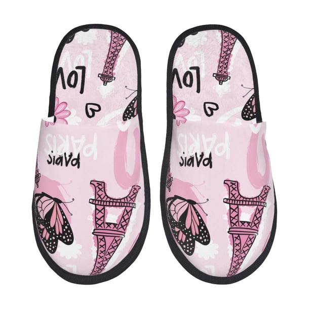 Balery Eiffel Tower and Butterflies Pantuflas de Casa de Felpa Silenciosas con Diseño Estampado, Zapatillas Cómodas Antideslizantes de Algodón para Interior-Medium
