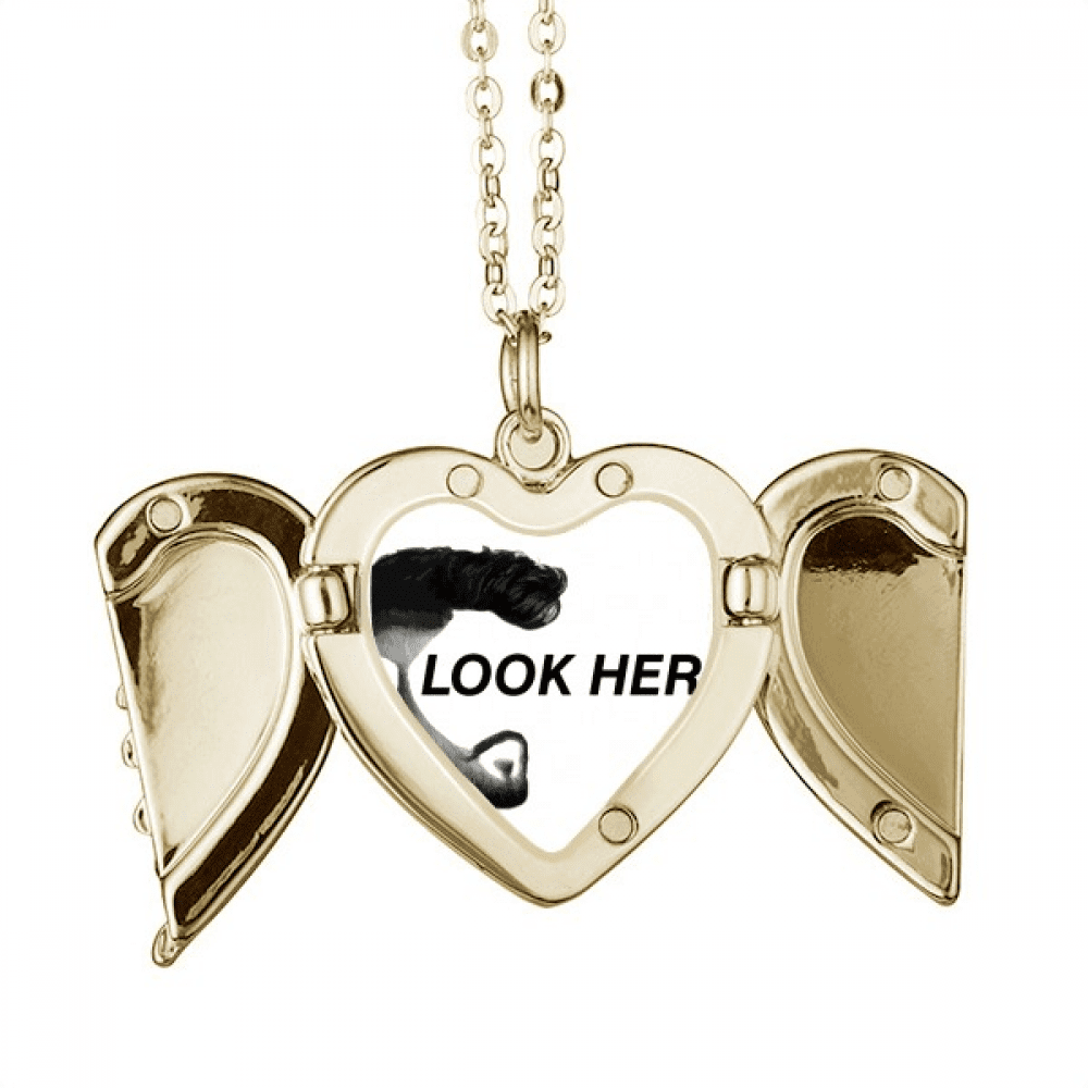 Look Direction Eye Hair Style Folded Wings Peach Heart Pendant Necklace -  