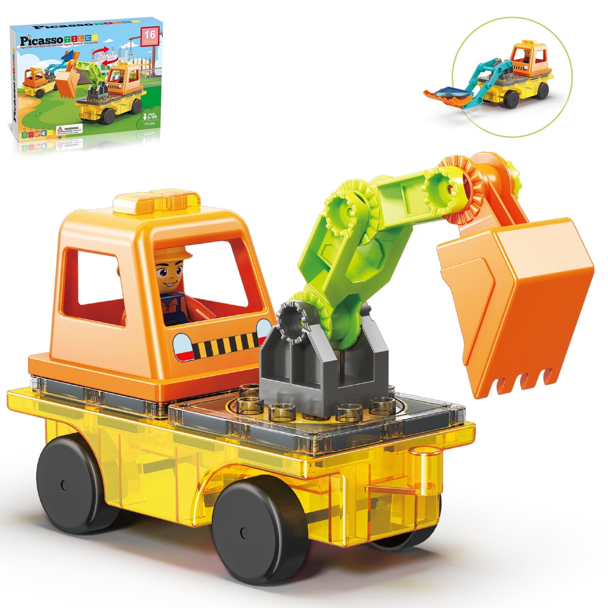 PicassoTiles 2-in-1 Excavator & Backhoe Magnet Tiles Building Set with Car Base, Magnetic Action Figure, STEM Educational Construction Toy for Kids 3+