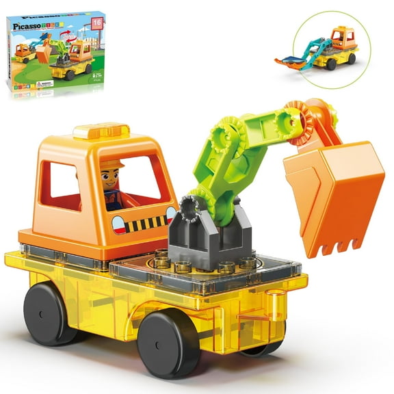 PicassoTiles 2-in-1 Excavator & Backhoe Magnet Tiles Building Set with Car Base, Magnetic Action Figure, STEM Educational Construction Toy for Kids 3