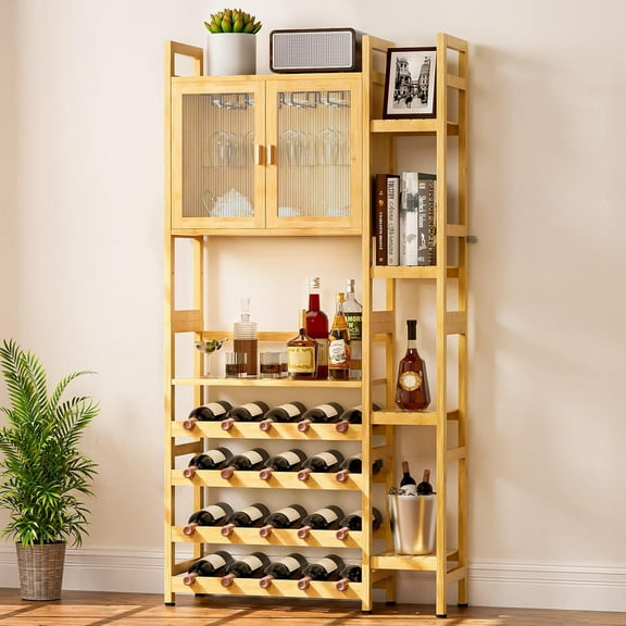 Wine Bar Cabinet,Wine Rack Floor Free with Doors Glass Holder,4 Tiers Wine Bottle Storage and Side 4-Layer Shelves for Living Room, Dining Room, Kitchen(Bamboo)