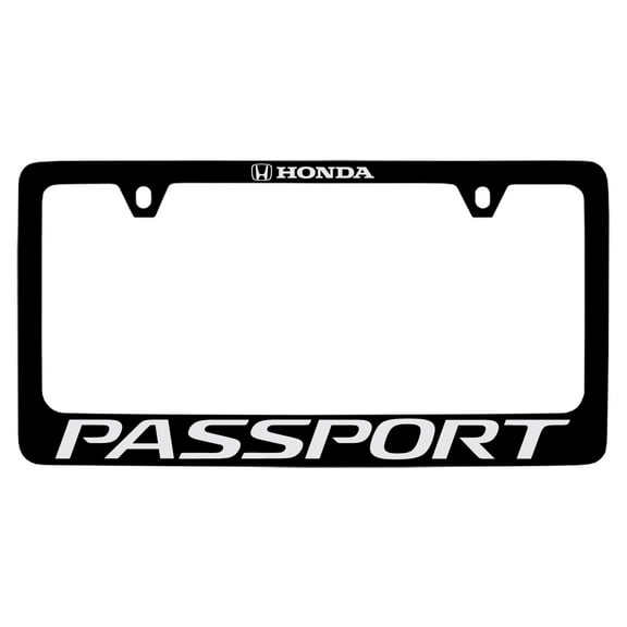 Passport wordmark with Honda logos black coated zinc metal license plate frame