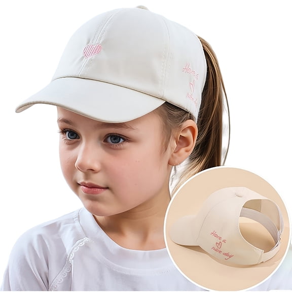 QHFBli Girls Ponytail Baseball Cap, Embroidered UV Protection Summer Sun Visor Hat for Kids