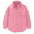 thumbnail image 5 of OGLCCG Women's Denim Jacket Loose Fit Perforated Long Sleeve Button Down Jean Coat Solid Color Casual Spring Outerwear with Pockets,L,Pink, 5 of 5