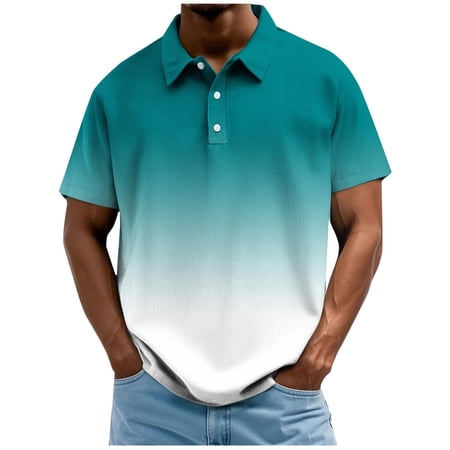 JTSRKL Men s Casual Golf Style Gradient Printed Shirts V Neck Button Up Short Sleeve Tops Ombre Breathable Casual Fit Stylish Tees Green XXL