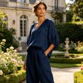 thumbnail image 6 of Quixlent Women's Casual 2 Piece Lounge Sets Puff Half Sleeve V Neck Top And Wide Leg Pants Travel Vacation Outfits with Pockets, 6 of 8