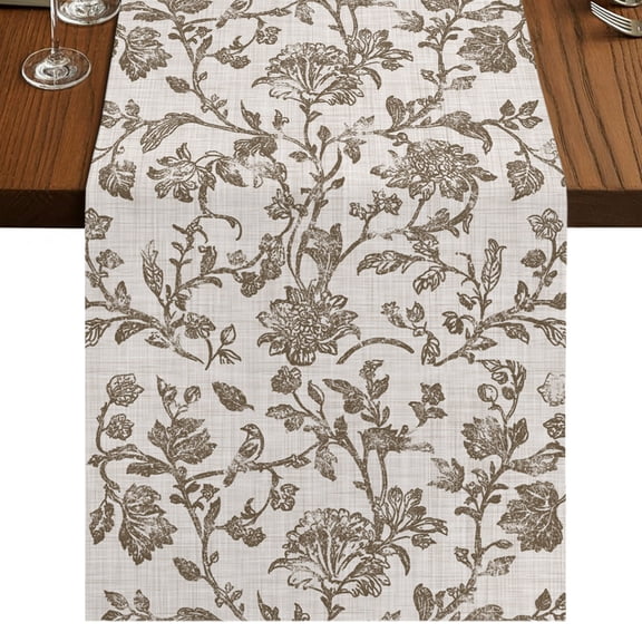 Farmhouse Brown Table Runner 72 Inches Long, Cotton Linen Table Runner Dresser Scarf, Vintage Flower Leaf Botanical Plant Fabric Tablerunners for Dining Coffee Tables Wedding Holiday Party 13"x72"
