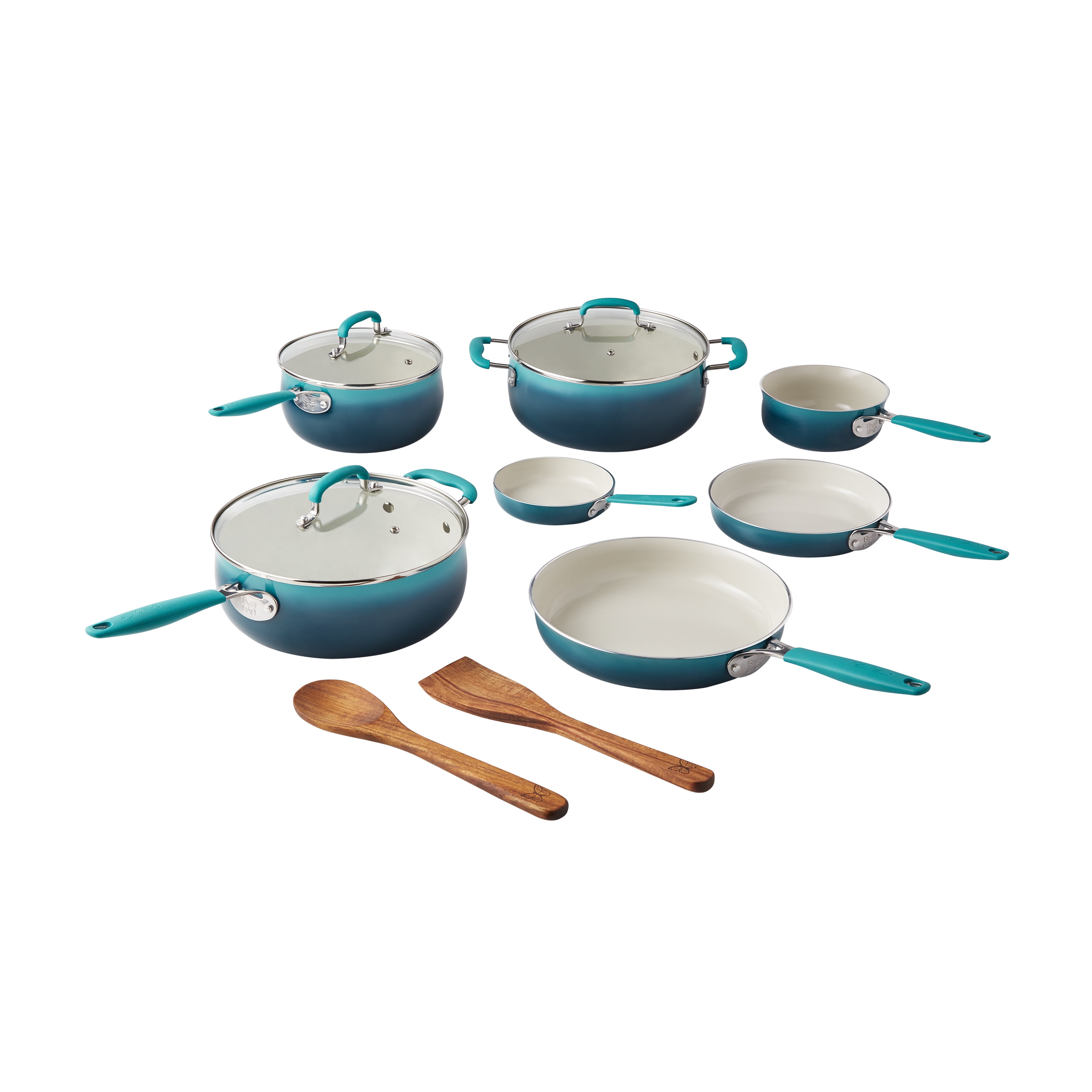 The Pioneer Woman VIPRB-25Pcs 25 Piece Ceramic Nonstick Aluminum Easy Clean Cookware Set, Ombre Teal