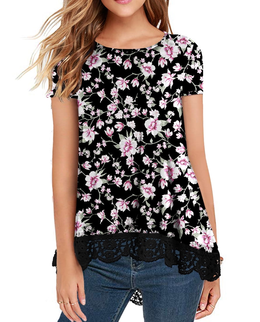 JWD Women's Tops Short Sleeve Lace Trim ONeck A Line Tunic Blouse FP BlackPink2XL