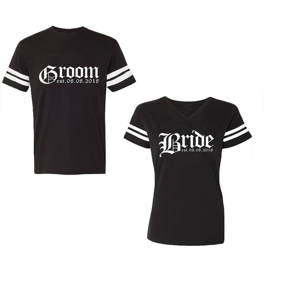 Broom Bride Unisex Couple Matching Cotton Jersey style T-Shirt Contrasting stripes on sleeves (Men Black / Women Black) (Men S / Women S)