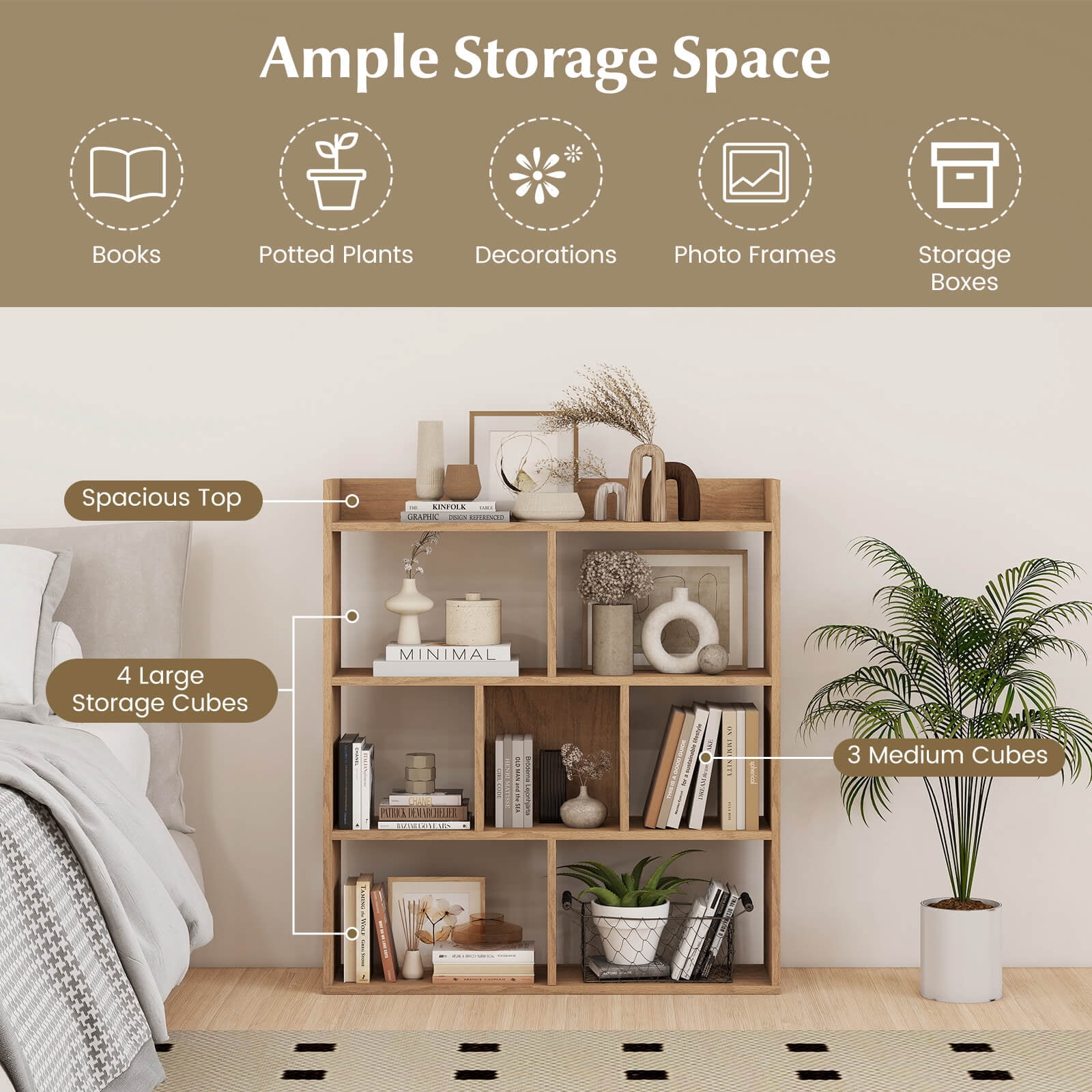 Costway 1 PCS 7-cube Bookcase 3-tier Open Storage Shelf with Anti-tipping Kits for Living Room Natural