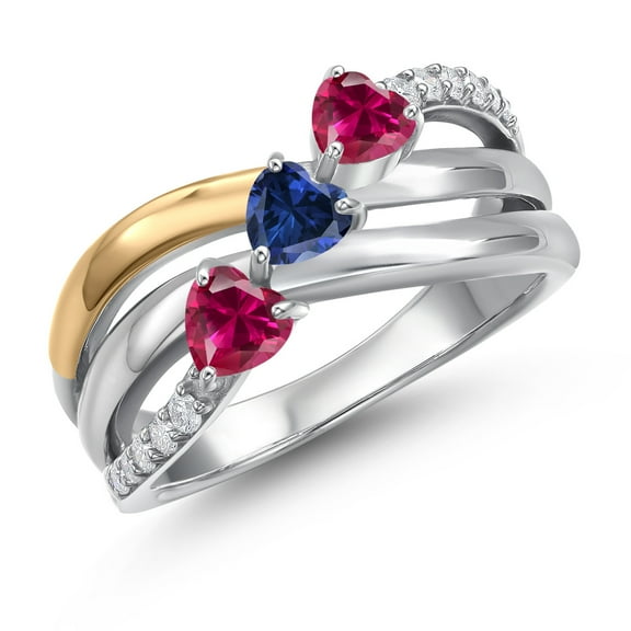 Gem Stone King 925 Silver and 10K Yellow Gold Red Created Ruby and Blue Created Sapphire and Lab Grown Diamond Engagement Ring for Women | 1.19 Cttw | Heart Shape Gemstone July Birthstone | Size 8