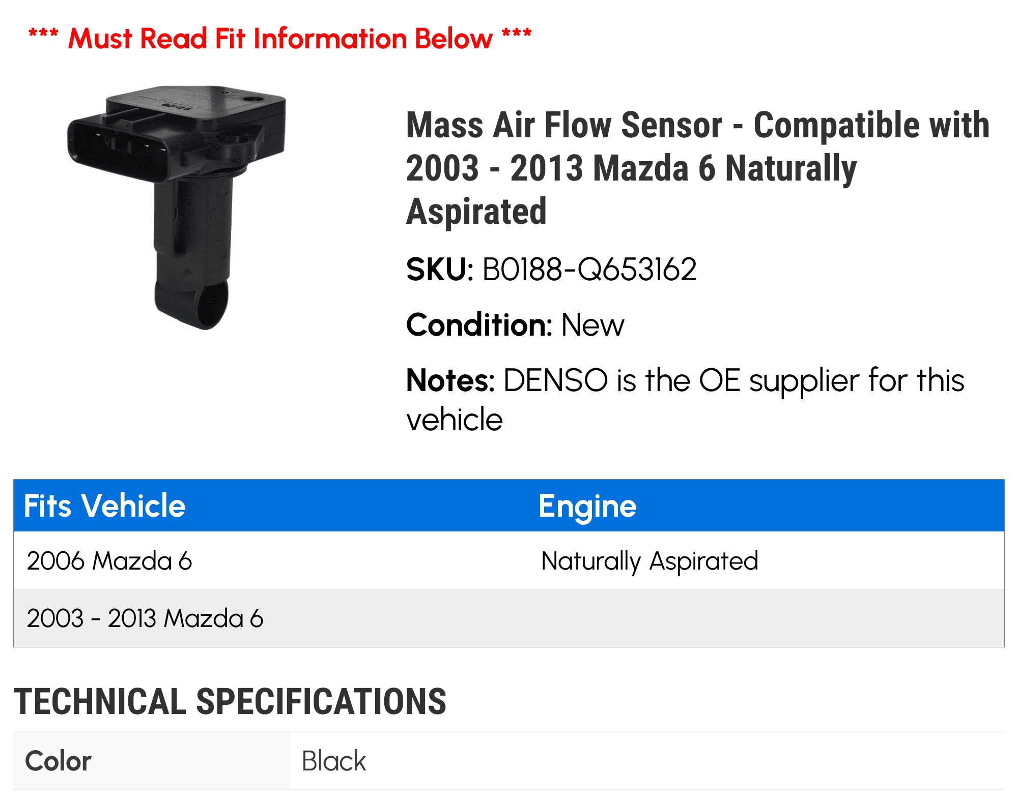 Mass Air Flow Sensor - Compatible with 2003 - 2013 Mazda 6 Naturally Aspirated 2004 2005 2006 2007 2008 2009 2010 2011 2012