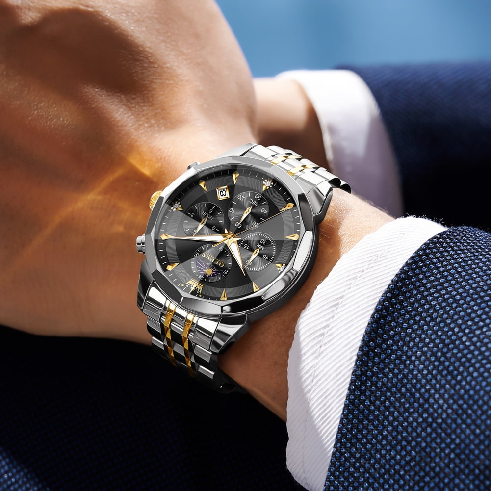 OLEVS Watches For Men Business Dress Luxury Casual Chronograph Multifunction Analog Quartz Stainless Steel Waterproof Luminous Moon Phase Date Men Wrist Watches Reloj Para Hombre Black Dial