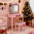 thumbnail image 2 of iRerts Kids Vanity Set with Lights, Zebra Kids Make Up Vanity Desk with Mirror for Little Girls, 2 in 1 Princess Girls Makeup Vanity Toddler Vanity Table and Chairs Set with Drawer, Macaron Pink, 2 of 10