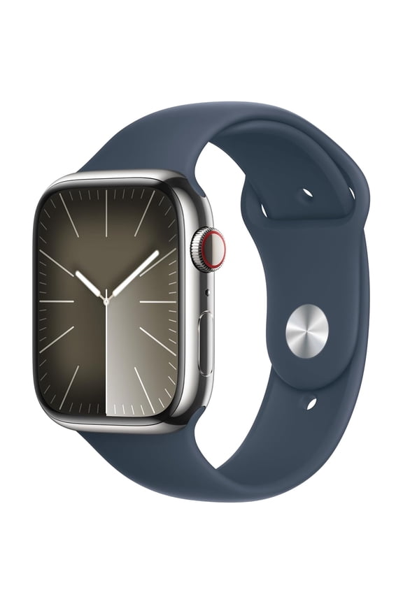 Restored Apple Watch Series 9 GPS + Cellular, Stainless Steel Case with Storm Blue Sport Band, 18 Hours Battery Life, Silver/45mm