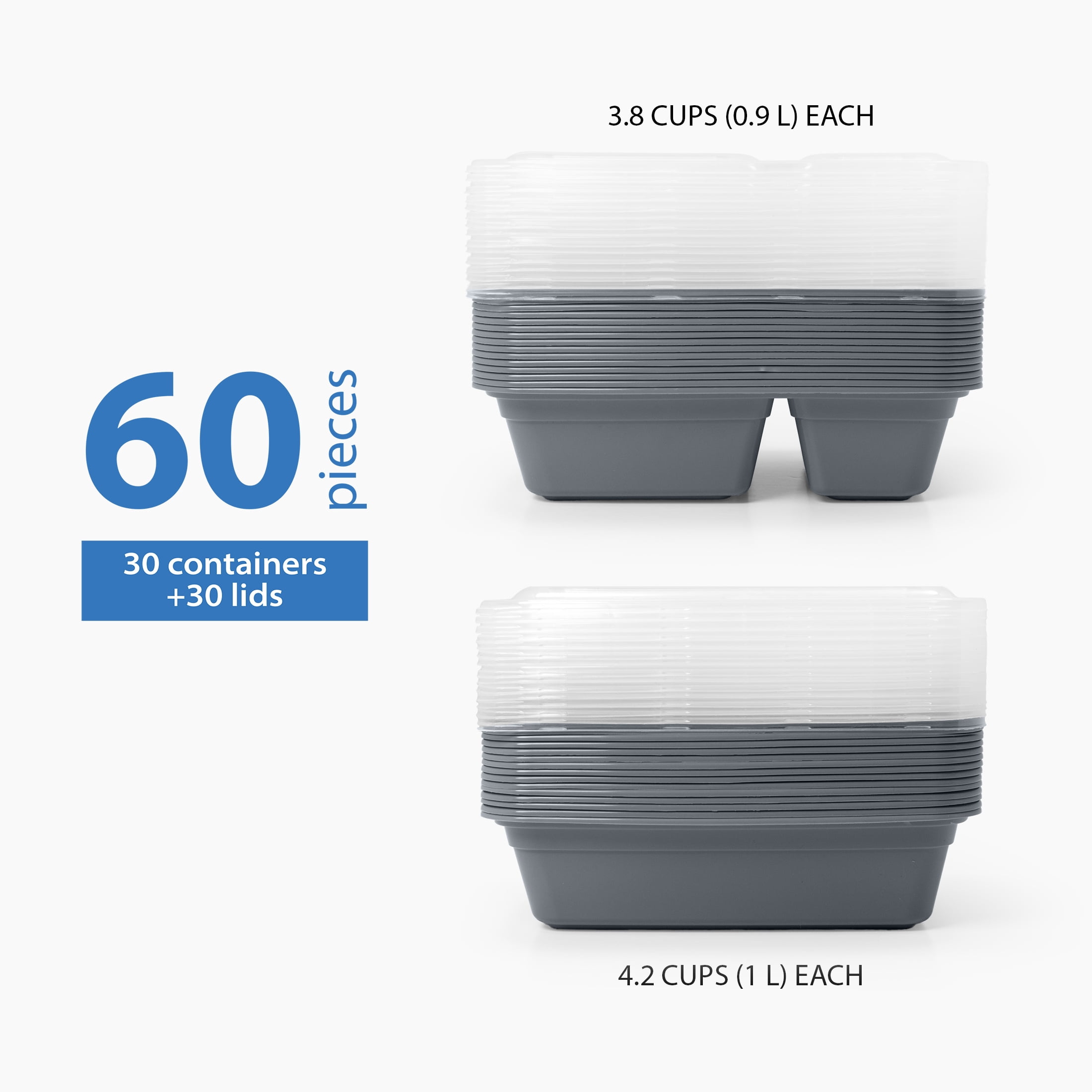 Mainstays 60-Piece BPA-Free Plastic Meal Prep Food Storage Container Set, Soothing Grey