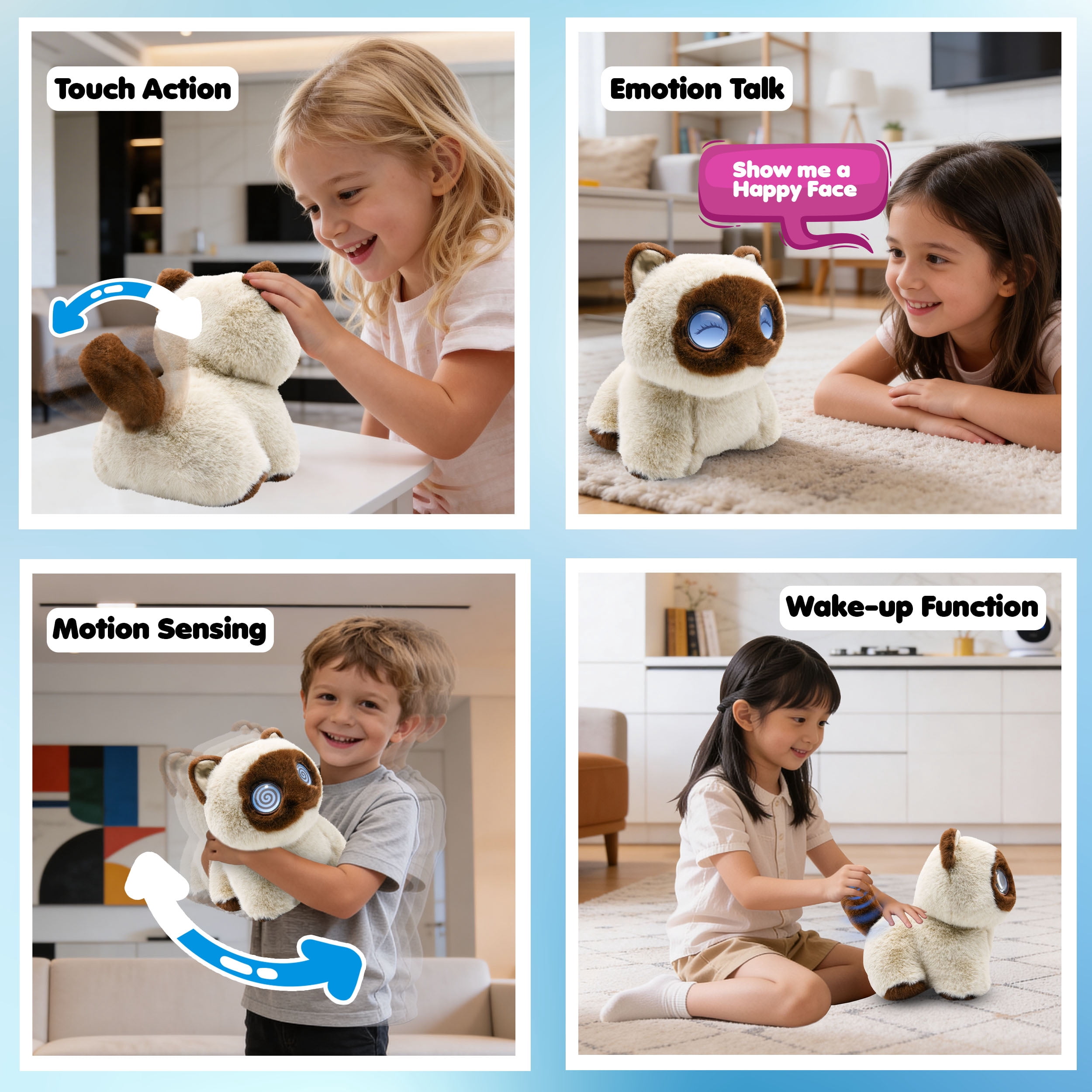 AI Pixie Paw Smart Interactive Plush Cat Voice Responsive Touch Activated Expressive Eyes AI Companion Stuffed Animal for Kids and Pet Lovers, Brown