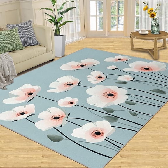 White Poppies Rugs, Minimalist Floral Area Rug, Blue Flower Rugs for Living Room, Bedroom Rug & Home Decor, Indoor Carpet, Washable Low-Pile & Non Slip 5 x 6ft