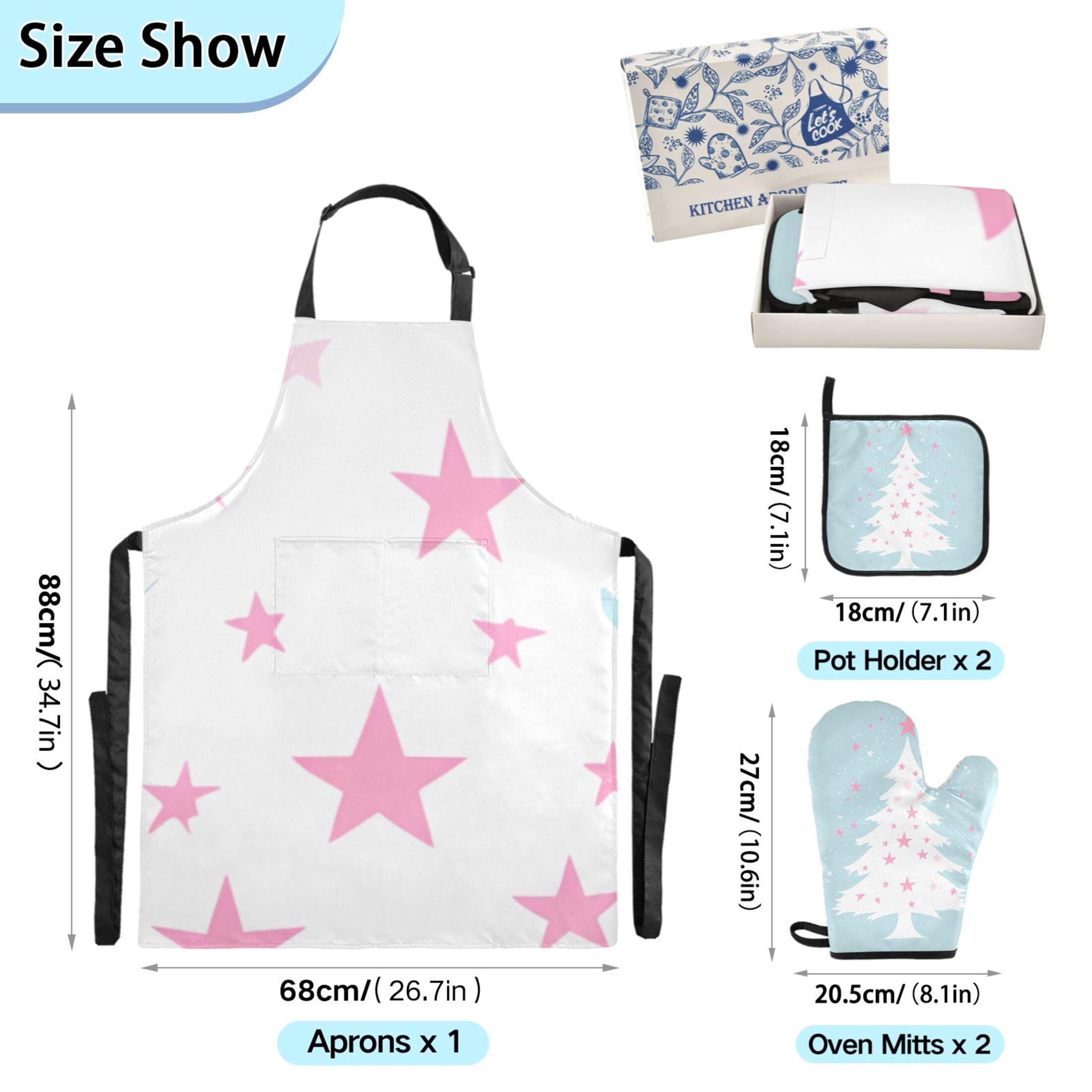 Christmas Tree and Pink Star 5 Pcs Kitchen Set Heat Resistant Oven Mitts and Non-Slip Pot Holders with Adjustable Cooking Apron