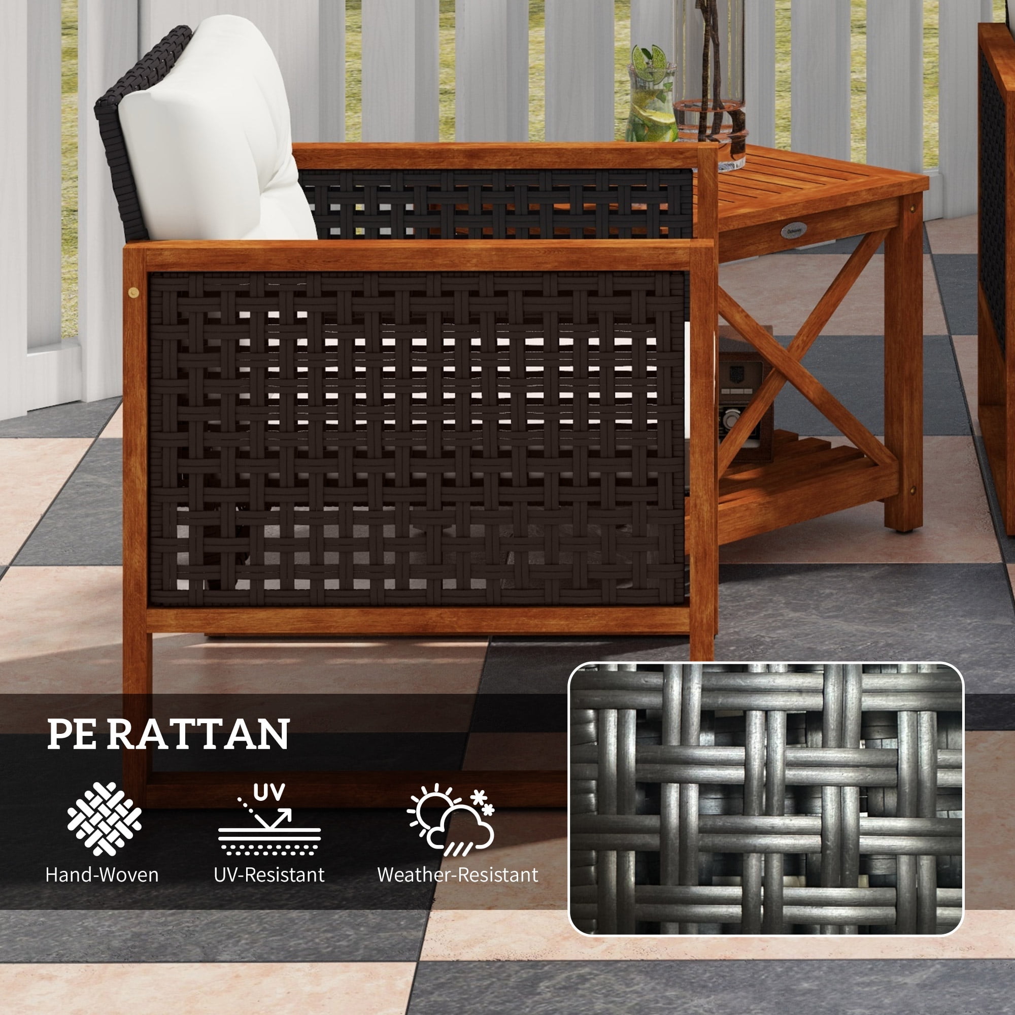 Outsunny Rattan Bistro Set, 3 Pieces Wicker Garden Furniture Set With Rocking Chairs And Round Glass Top Coffee Table, Small Balcony Furniture With Cushions For Outdoor, Porch, Brown