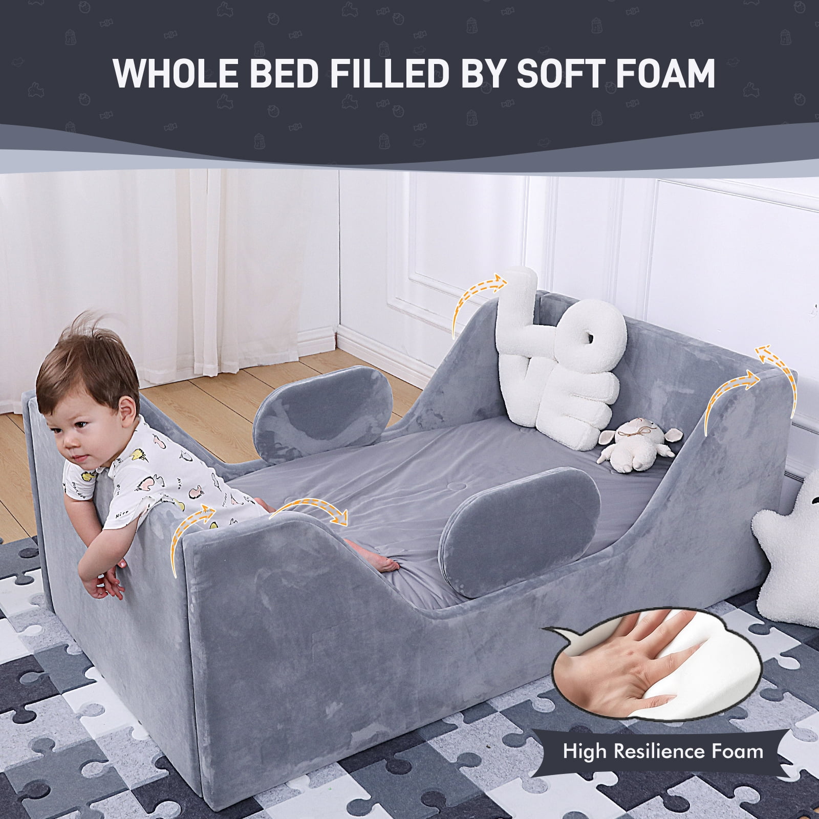 Toddler Bed, Child Bed for Kids with Extra Safty Broad, Standard Crib Size Toddler Bed, Certified Fabric Toddler Beds,Toddler Flood Bed
