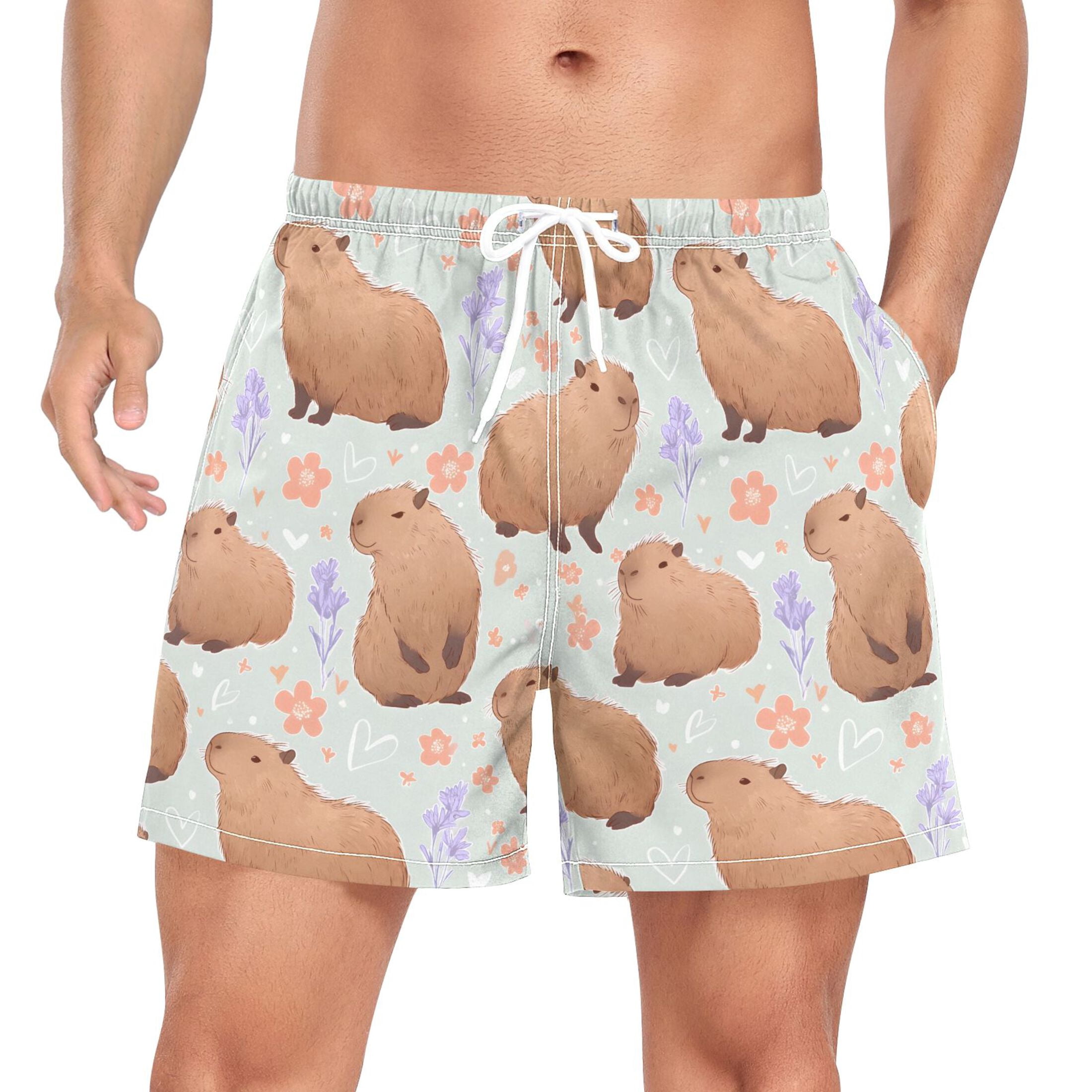 joogoo Men's Cute Capybara Floral Swim Trunks with Liner Pocket Beach Shorts L