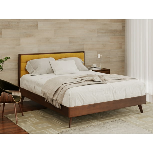 (INCOMPLETE BOX 2 of 3))) DG Casa Soloman Mid Century Modern Tufted Upholstered Platform Bed Frame, Queen Size in Yellow Fabric