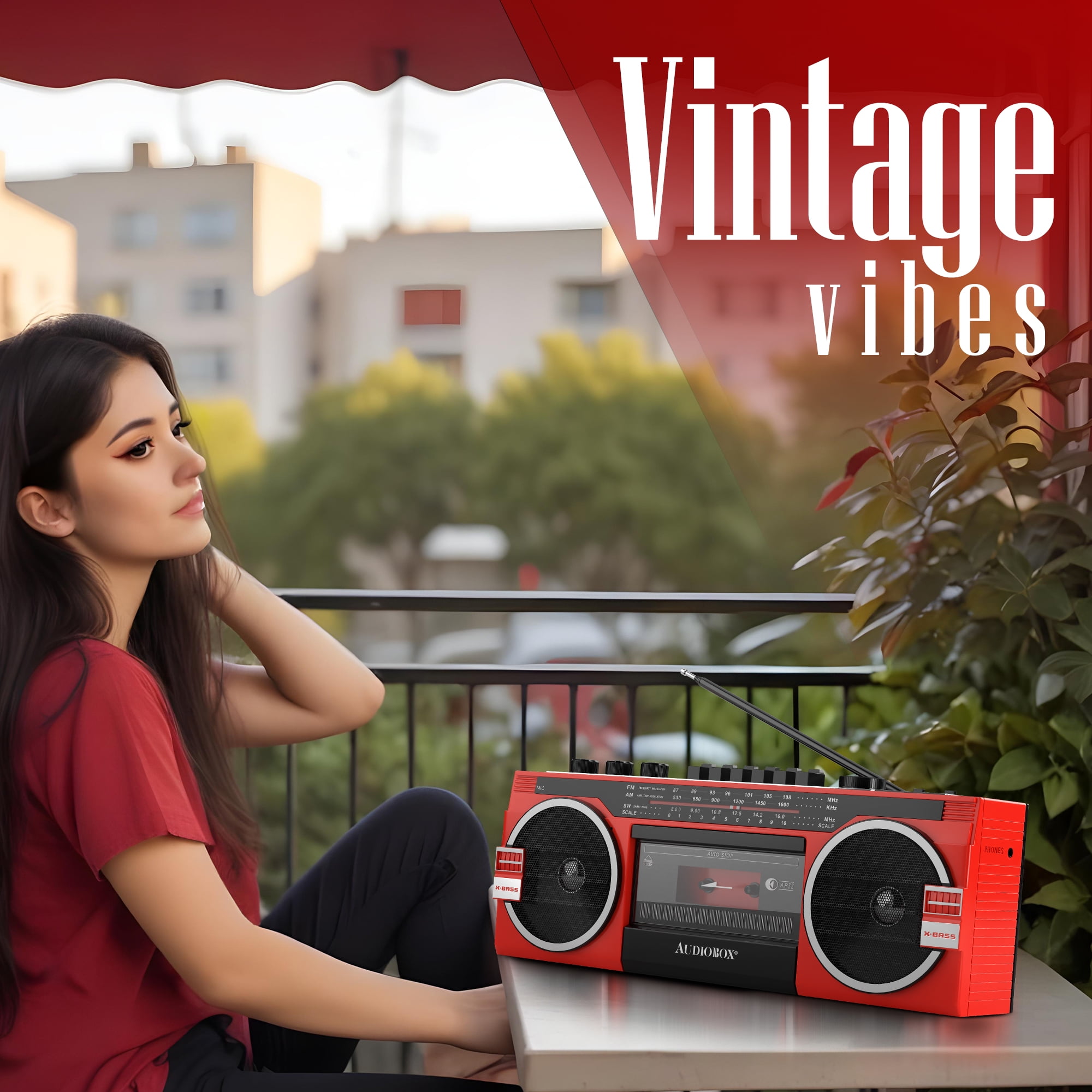 AudioBox RXC-25BT Bluetooth Boombox Speaker - 2 Way Boombox System with AM/FM/SW Radio, MP3 Playback, USB & SD Card Connection, Cassette Player, Built-in Speaker, 3.5mm Jack, Stereo Sound (Red)