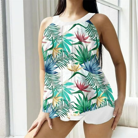 Rigardu Hot Sale!! Women s 2 Piece Swimsuit Tankini Bathing Suits Floral Swim Tank Top with Boyshorts Two Tankini Swimsuit for Women High Neck Ruched Top with Bottom Bathing Suits White S