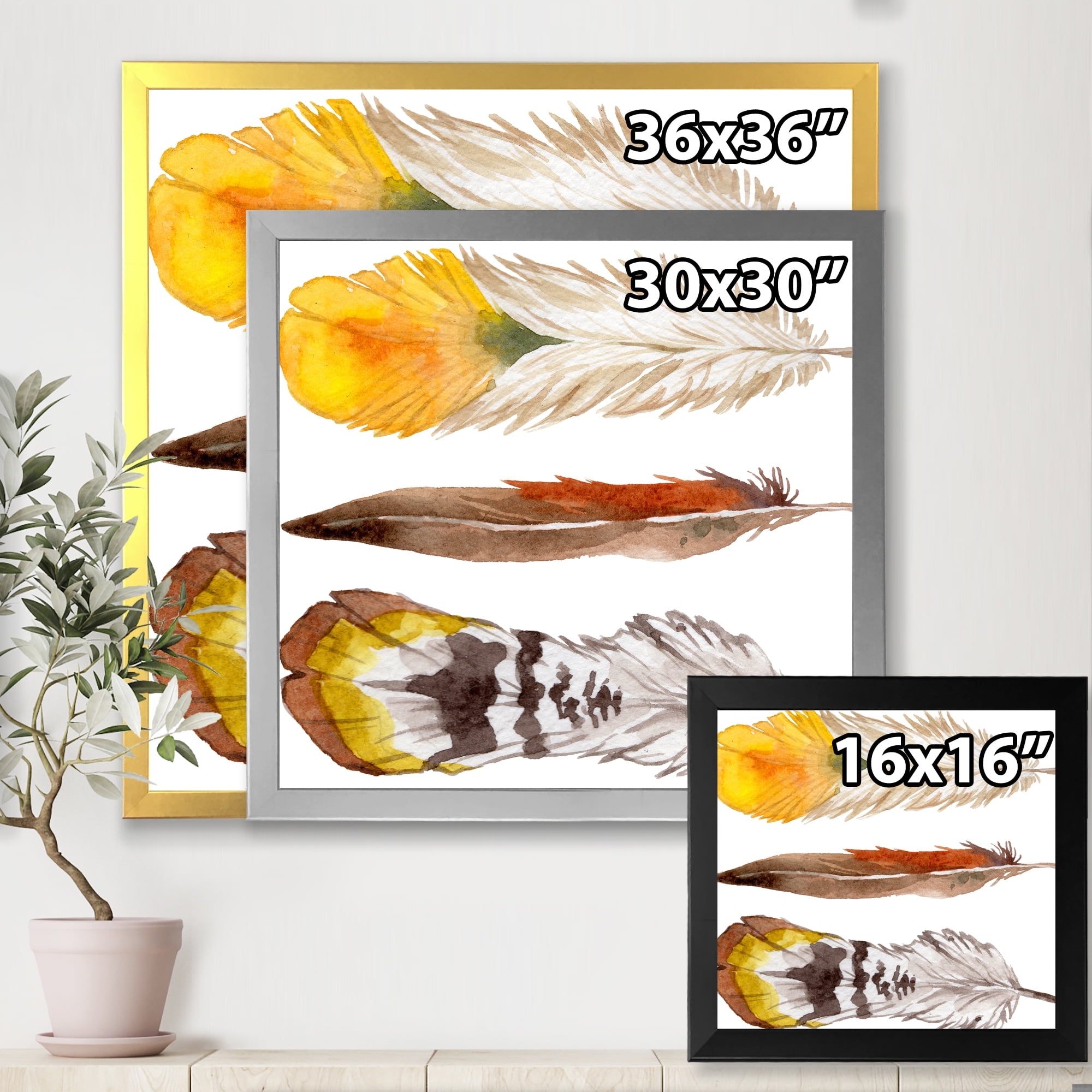 Designart 'Ethnic Yellow Feather From Wing On White' Bohemian & Eclectic Framed Art Print