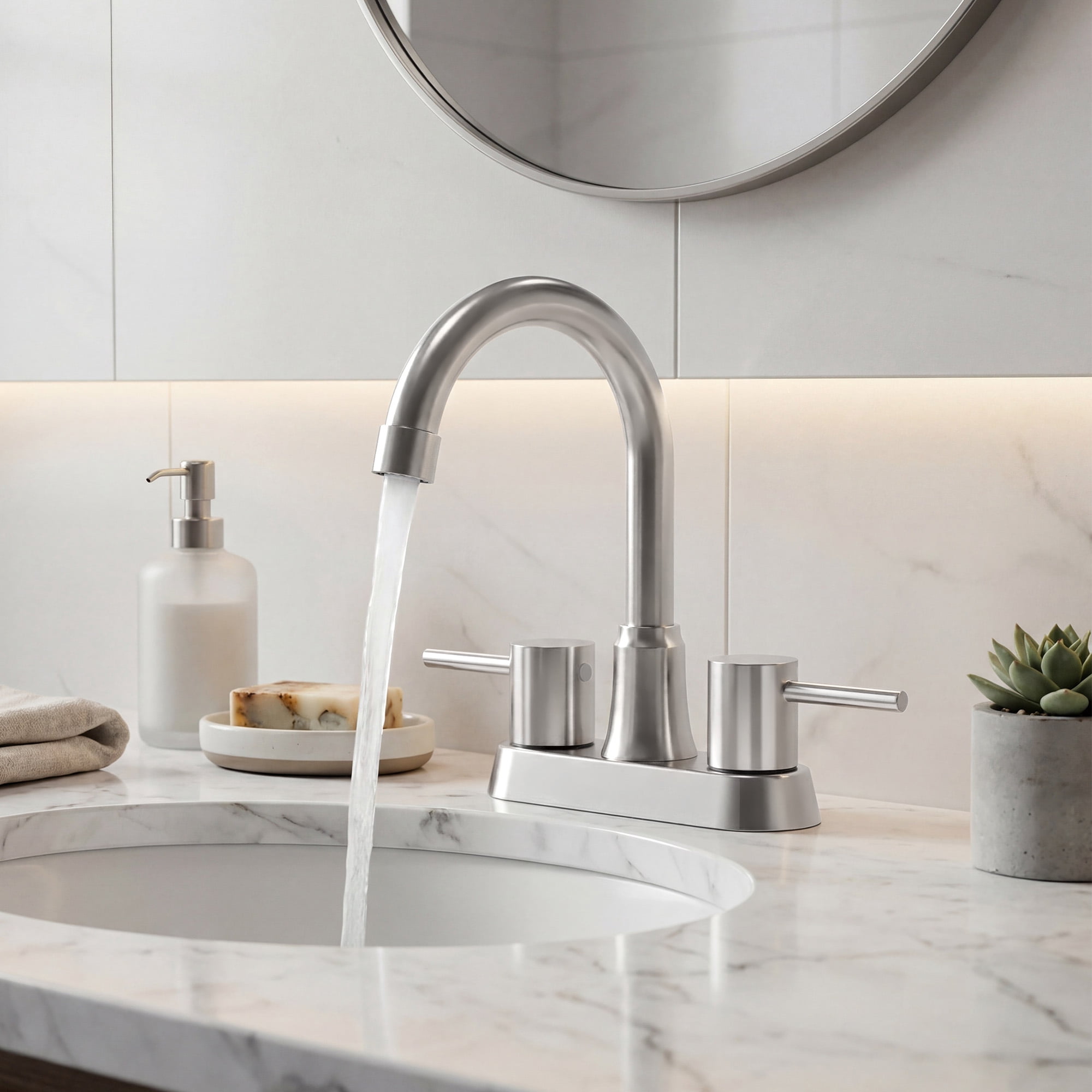 GPED Bathroom Faucets for Sink 3 Hole, 4 Inch Sink Faucet W/ Pop Up Drain and 2 Supply Hoses, Stainless Steel&Lead-Free, 2-Handle Centerset Faucet for Sink Vanity, No-Splashing Design,Brushed Nickel