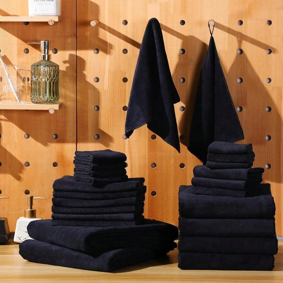 24 Piece Oversized Bath Towels Set Microfiber Absorbent Towels For Spa Camping Bathroom Beach 4 Oversized Bath Towels 2 Bath Sheets 6 Hand Towels 8 Wash Cloths 4 Fingertip Towels Black