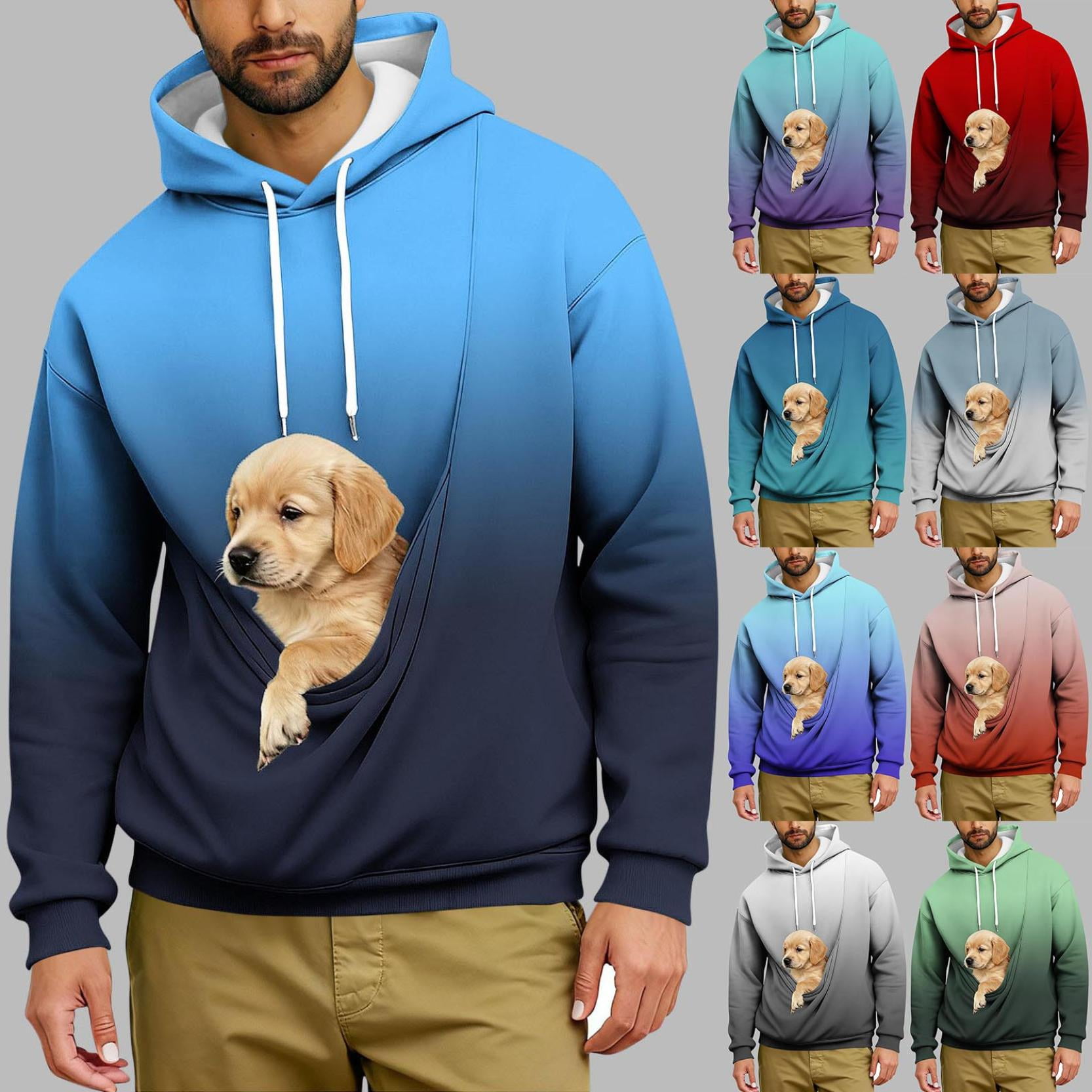 Oksale Men Pet Carrier Gradient Hoodies Cat Dog Kangaroo Pouch Holider Sweatshirt Loose Long Sleeve Fashion Clothing Light Blue L