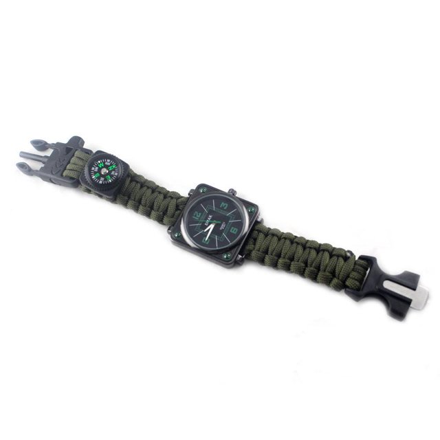 (Army Green) Outdoor Survival Multifunction Watch, Survival Kit Wristband, Rope, Whistle + + Compass + Igniter, for Hiking, Camping Climbing First Aid Kit
