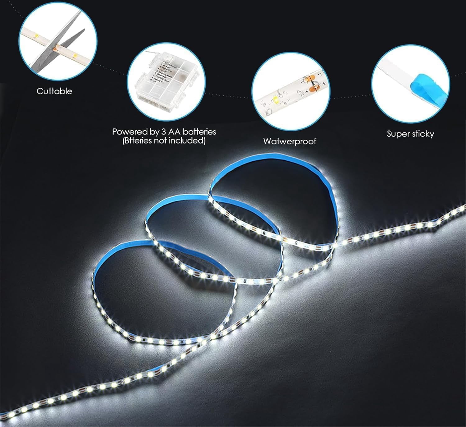 LED Strip Lights 5 M 300 LED Waterproof Flexible LED Strip Light Battery Powered Dimmable Cuttable Tape Lights Strip with Remote for Kitchen, Bedroom, Computer, TV, Birthday