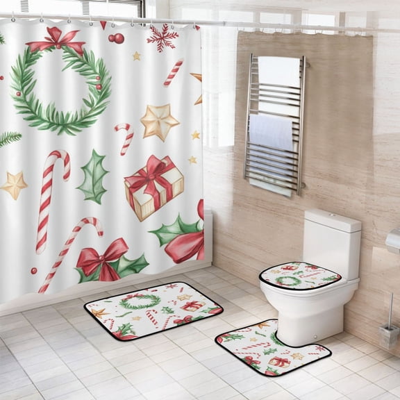 4-Piece Bathroom Set with Waterproof Shower Curtain with Non-Slip Bath Mat, U-Shaped Mat & Toilet Lid Cover Watercolor Christmas Elements Clip