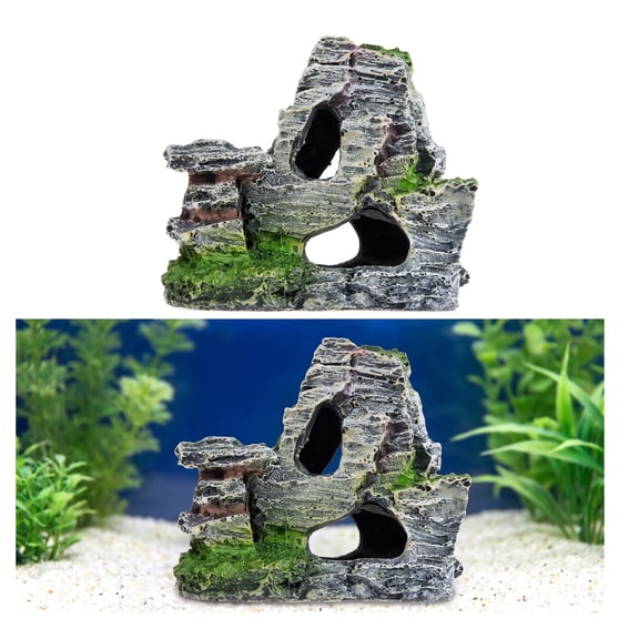 Renyuanyuan Resin Aquarium Ornament, Mountain View Rockery Cave with Tree, 4.1 x 2.2 x 3.5 in, for Betta, Shrimp, Small Fish