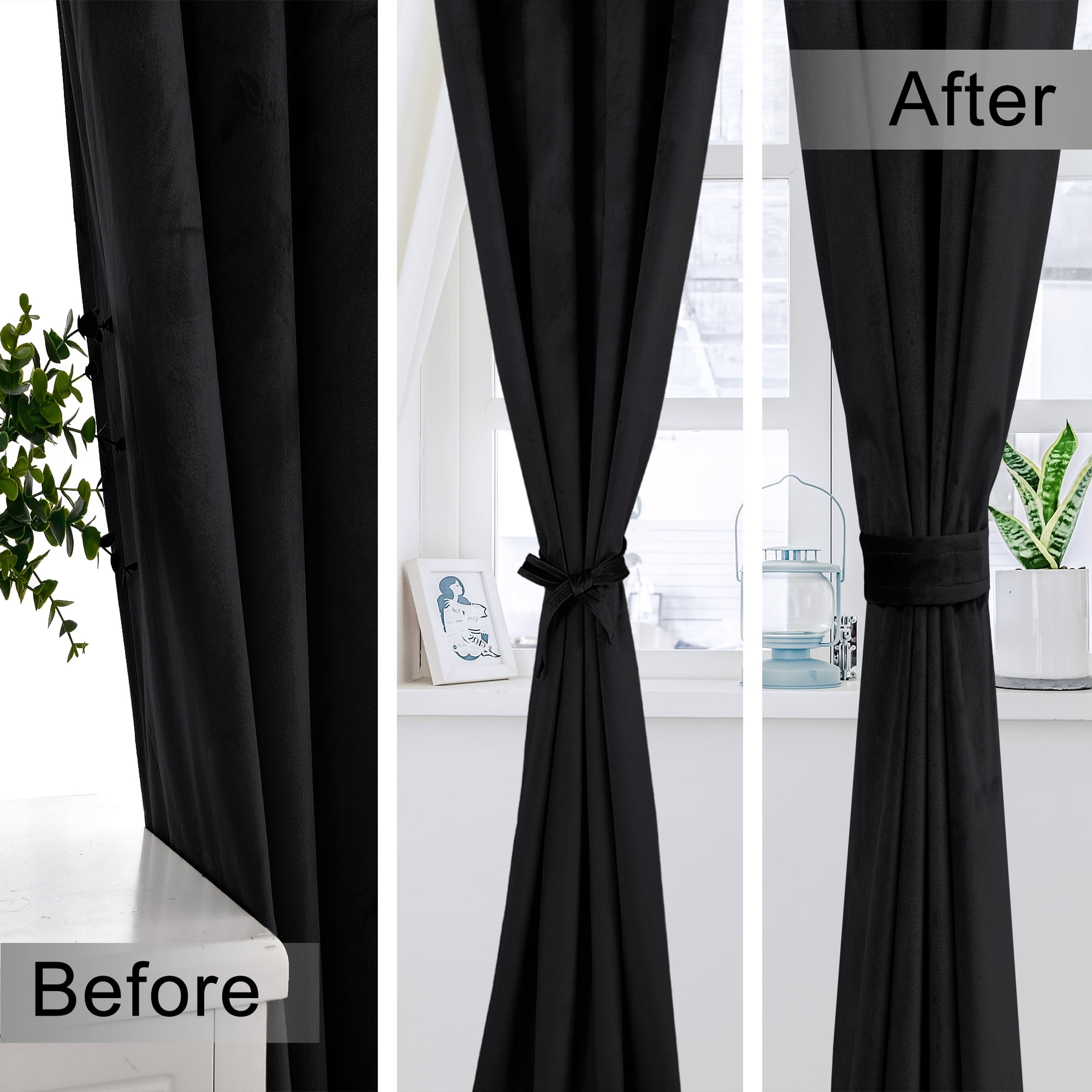 XWZO Velvet Blackout Curtains 108 Inches Long - Extra Long Room Darkening Thermal Insulating Grommet Window Curtain Drapes for Parlor/Gallery/Dining with Tiebacks, Black, W52 x L108, Set of 2