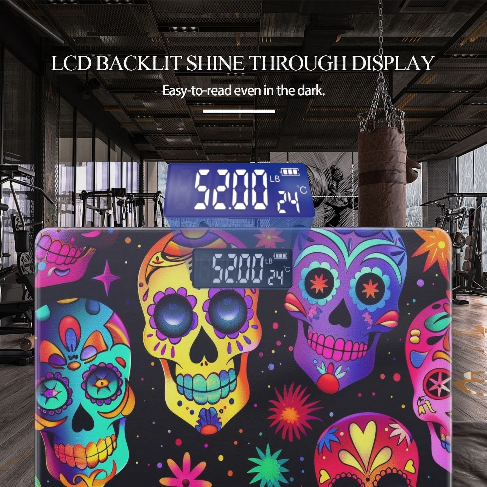 High Precision Body Weight Scale Smart Bathroom Scales with Large LCD Display(400lbs),Decorative for Bedroom-Colorful Pattern Of Skulls On Black Background