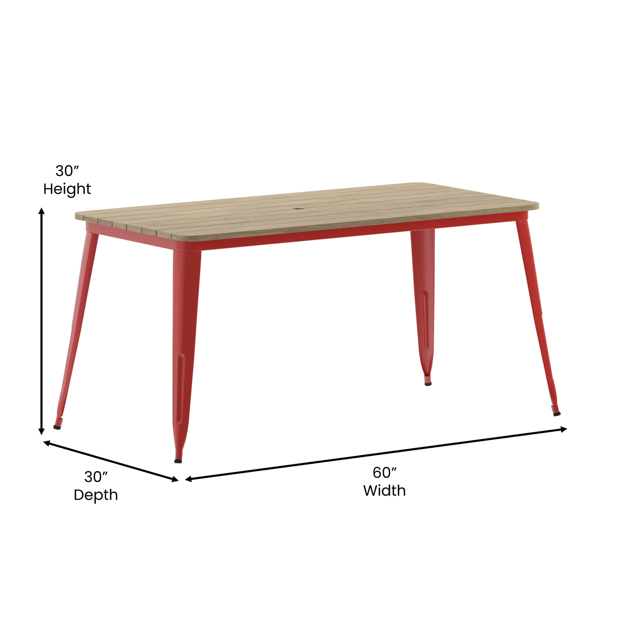 Flash Furniture Declan Commercial Indoor/Outdoor Dining Table with Umbrella Hole, 30" x 60" All Weather Brown Poly Resin Top and Red Steel Base