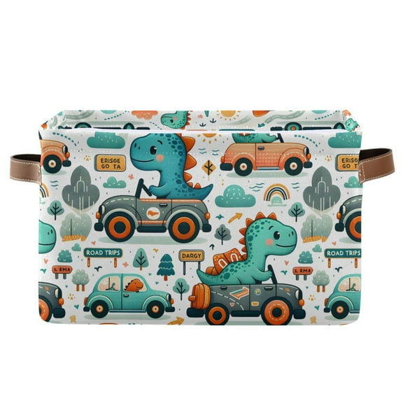 Cartoon Dinosaur in Car Storage Bins with Handle Fabric Organizer Basket Foldable Box 1 Pack 14.2x10.2x8.3