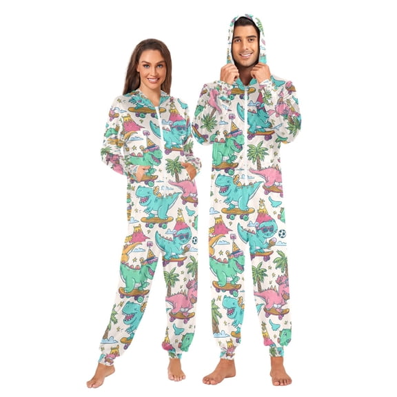 Adult Christmas Onesie Dinosaur Volcano Adult Zipper One-Piece Pajamas Unisex Pajamas with Pockets
