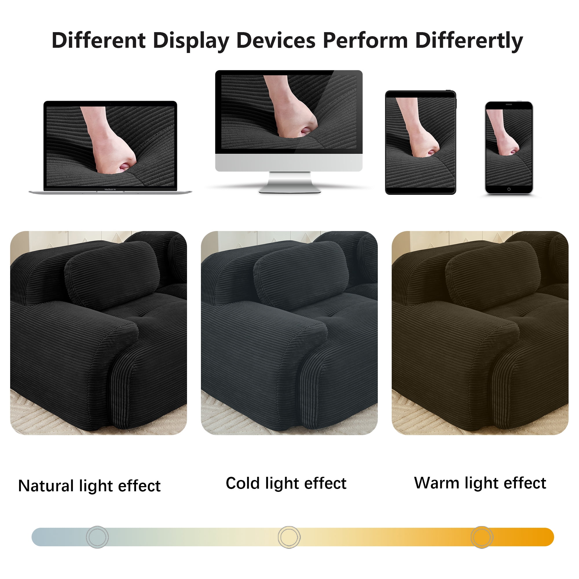 Alvantor 117" Modular Sectional Sofa Corduroy Oversized L-Shaped Cloud Couch Upholstered Sofa for Living Room Bedroom, No Assembly Required, 3-Seats, Black