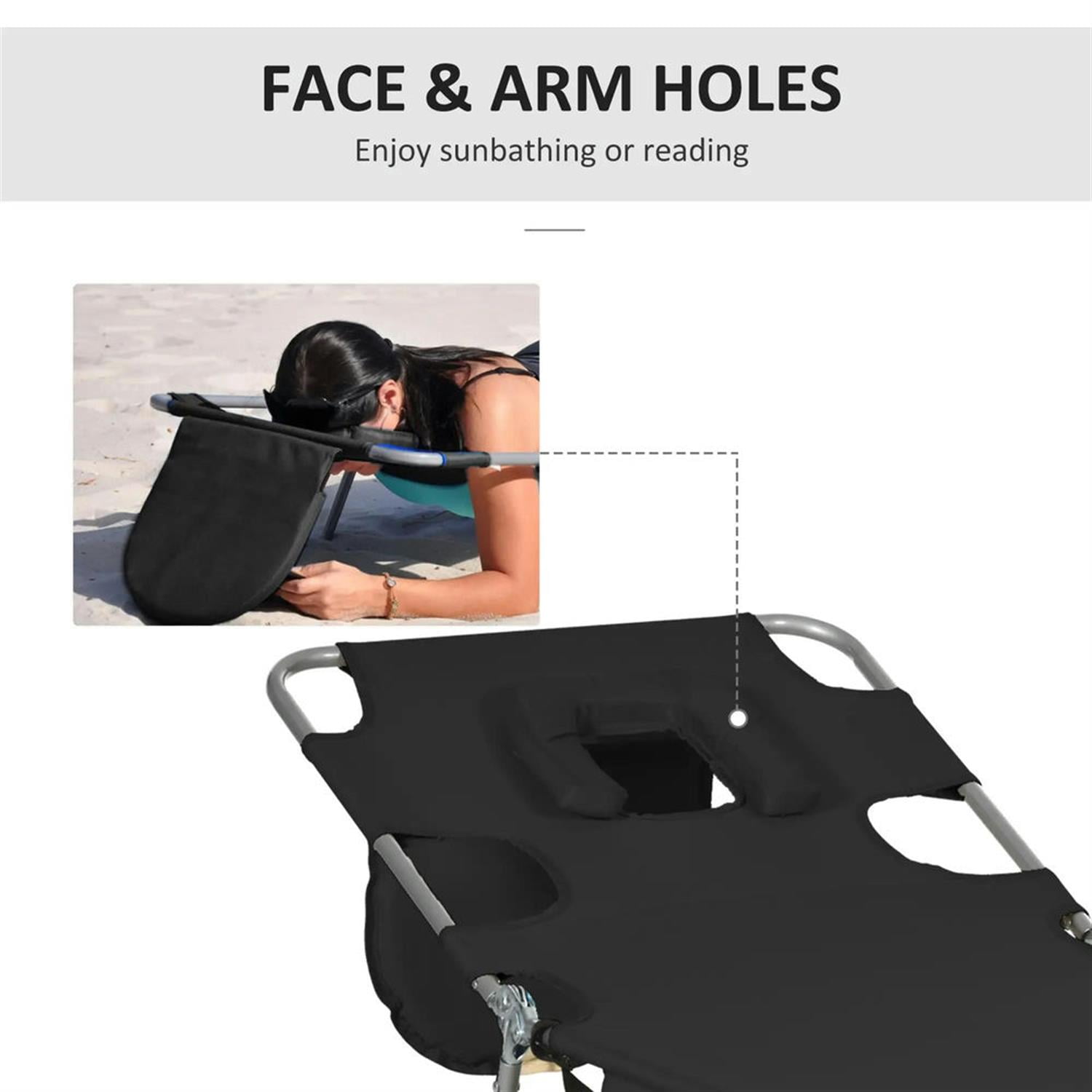 Demi Bonn Outdoor Folding Beach Lounger with Pillow, 5-Position Sun Tanning Chair, Face Hole for Beach, Yard, Patio, Black