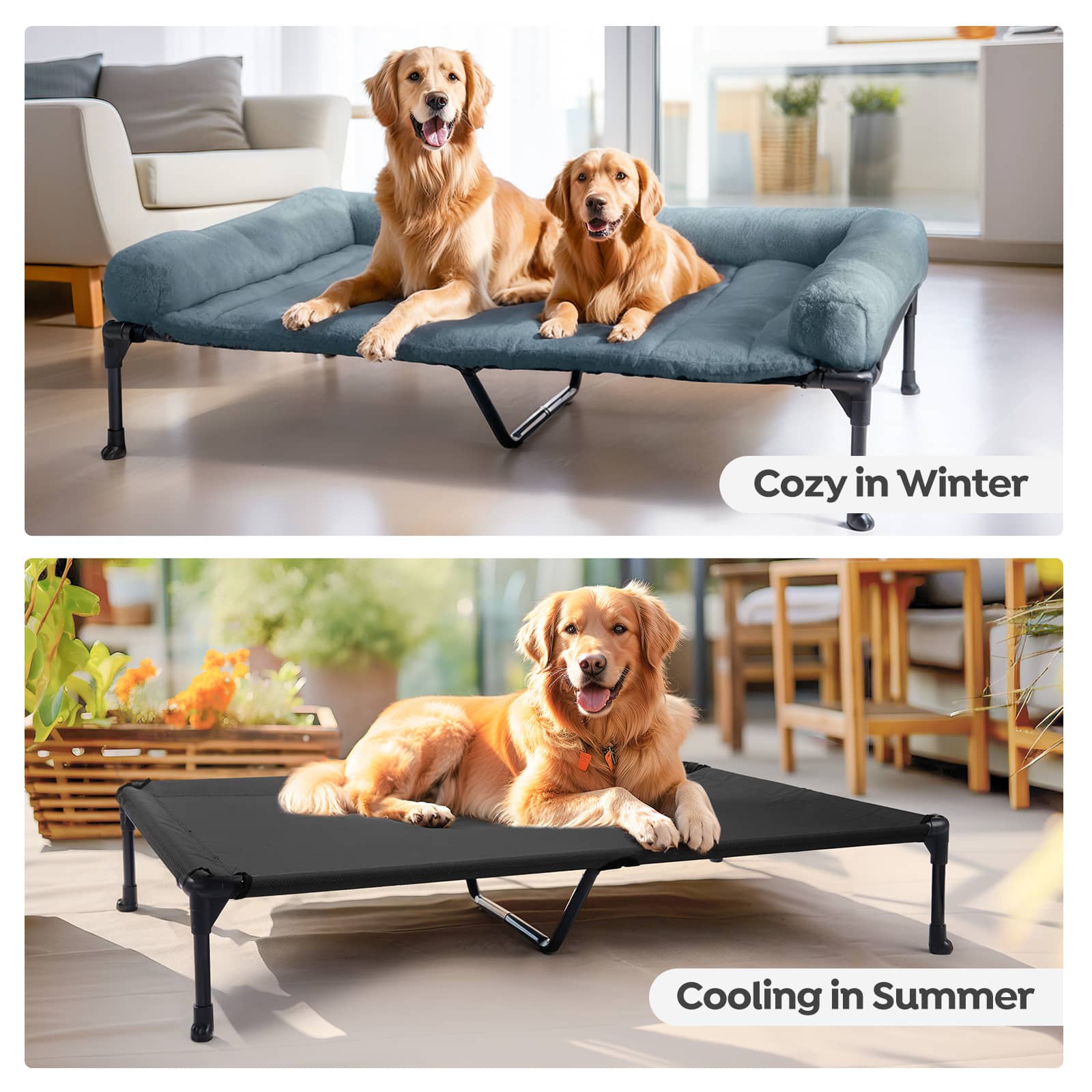 Veehoo Cooling Elevated Dog Bed with Fluffy Plush Bolster Cushion, 59 x 37 inches, XXLarge, Haze Blue